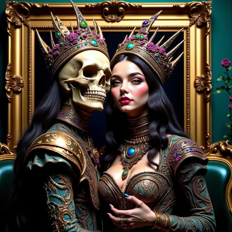 a close up of a woman with a skeleton wearing a jeweled crown, 4k highly detailed digital art, 8k high quality detailed art, skeleton king, with a crown of skulls, 4k detailed digital art, hyperrealism. fantasy 4k, scary color art in 4 k, rococo cyberpunk,...