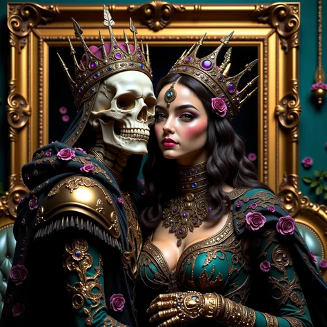 a close up of a woman with a skeleton wearing a jeweled crown, 4k highly detailed digital art, 8k high quality detailed art, skeleton king, with a crown of skulls, 4k detailed digital art, hyperrealism. fantasy 4k, scary color art in 4 k, rococo cyberpunk,...