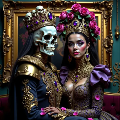 a close up of a woman with a skeleton wearing a jeweled crown, 4k highly detailed digital art, 8k high quality detailed art, skeleton king, with a crown of skulls, 4k detailed digital art, hyperrealism. fantasy 4k, scary color art in 4 k, rococo cyberpunk,...