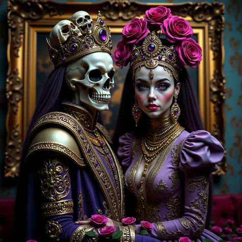 a close up of a woman with a skeleton wearing a jeweled crown, 4k highly detailed digital art, 8k high quality detailed art, skeleton king, with a crown of skulls, 4k detailed digital art, hyperrealism. fantasy 4k, scary color art in 4 k, rococo cyberpunk,...