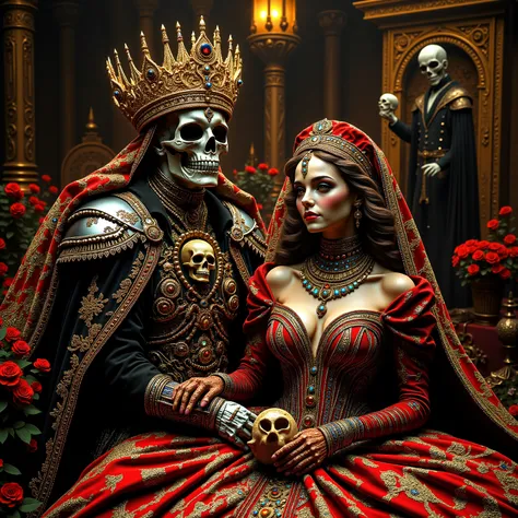 a close up of a beautiful young bride standing with a skeleton groom wearing a jeweled crown, both in elaborate Victorian/Gothic style wedding clothing and surroundings, 4k highly detailed digital art, 8k high quality detailed art, skeleton king, with a c...