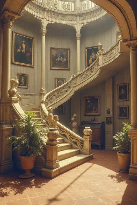 A winding staircase, in a grand building. 
The steps are a  tan stone, and the walls are light gray. 
Several framed paintings with ornate gold frames hang on the walls along the stairwell. The paintings appear to be of various subjects but generally have a classical or historical feel.
Several decorative sculptures or statuettes, predominantly light-colored and appearing classical in style, rest on the stairs and around the supporting pillars. 
Small potted plants or greenery are placed in the curved alcoves at the base of the stairs. 
The flooring is a terracotta or reddish-brown tile with a patterned design. 
Sunlight casts soft shadows on the stairway, creating a warm and inviting ambiance. 
