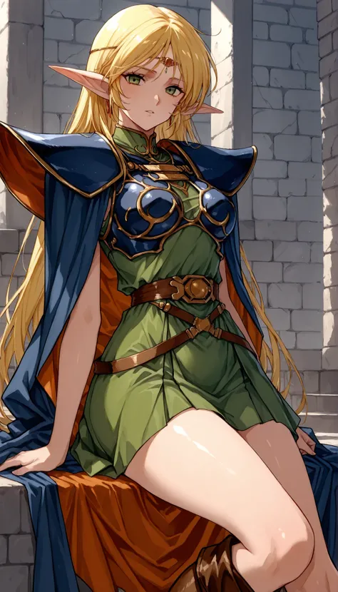 1女性, deedlit, \(record of lodoss war\), ((金髪, ロングヘア)), green dress, circlet, sleeveless,shoulder armor,armor,breastplate,cloak,blue cloak,boots, 清楚系ビッチ, 魅惑的ボディ, 大笑い, 前屈み, セクシーな体, 完璧な唇, スタンディング, フェイスクローズアップ, ドラマチックな照明, 艶めかしい光, 被写界深度が浅い, 超高解像度, 物理ベースレンダリング, ...