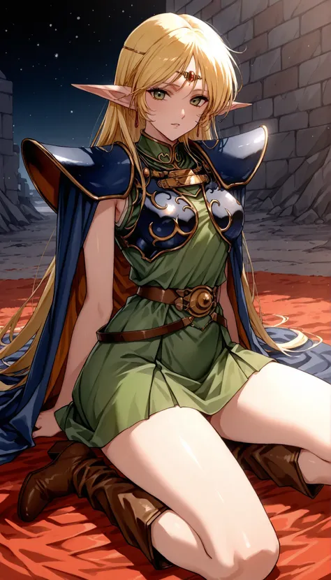 1女性, deedlit, \(record of lodoss war\), ((金髪, ロングヘア)), green dress, circlet, sleeveless,shoulder armor,armor,breastplate,cloak,blue cloak,boots, 清楚系ビッチ, 魅惑的ボディ, 大笑い, 前屈み, セクシーな体, 完璧な唇, スタンディング, フェイスクローズアップ, ドラマチックな照明, 艶めかしい光, 被写界深度が浅い, 超高解像度, 物理ベースレンダリング, ...