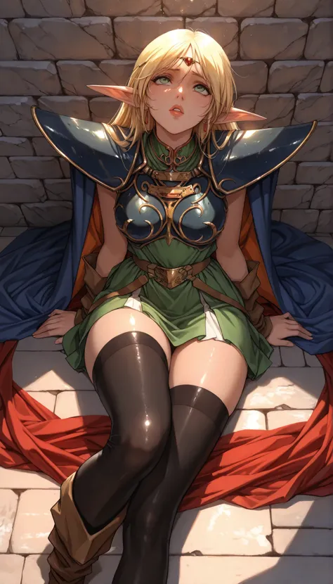 1 woman, deedlit, \(record of lodoss war\), Laughter, Look Up, from above, ((Blonde, long hair)), green dress, circlet, sleeveless,shoulder armor,armor,breastplate,cloak,blue cloak,boots, Pure Bitch, Captivating Body, sexy body, Perfect Lips, sit down, fac...