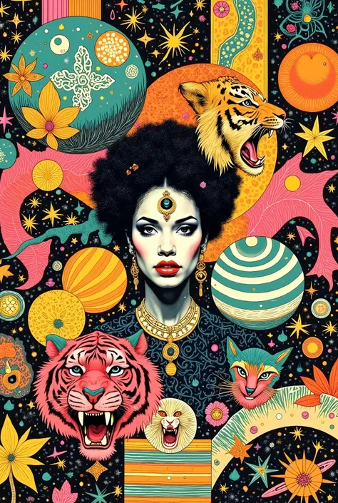 A vibrant, psychedelic poster or graphic design. It's a collage-style image overflowing with a multitude of designs and motifs. A central figure is a woman with an afro, her face rendered in a stylized, graphic, black and white line art style, featuring a ...