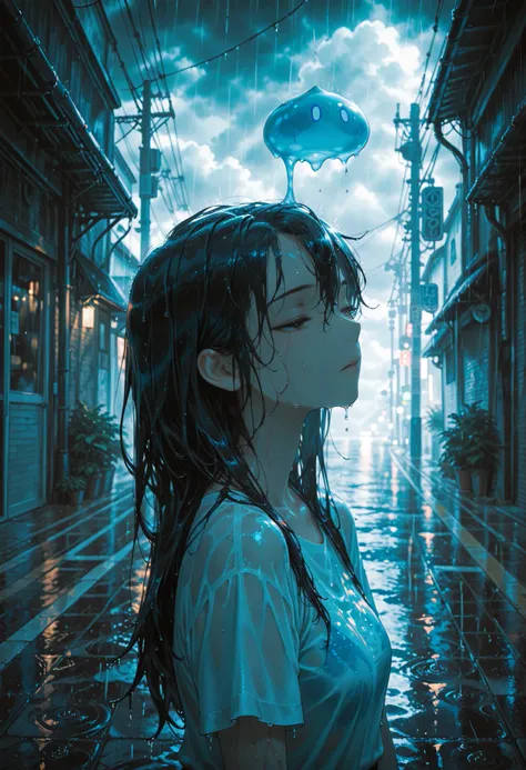 cloudy, dark,heavy-rain, rain, wet,street, long hair, Details Ultra Fine,wet clothes, wet hair,flat art ,  Contemporary Art , solo, 1girl,  Line Art,  Cat Slime,Half Closed Eyes,  