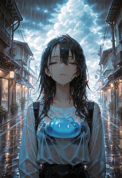 cloudy, dark,heavy-rain, rain, wet,street, long hair, Details Ultra Fine,wet clothes, wet hair,flat art ,  Contemporary Art , solo, 1girl,  Line Art,  Cat Slime,Half Closed Eyes,  