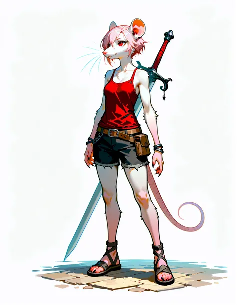 (((masterpiece))), (((Best Quality))), ((Ultra-detailed)), (anime Illustration), ((extremely delicate and beautiful)),solo, Full body, fantasy albino wererat girl, Fluffy Fur, furry, short pale pink hair, red eyes, rat head, rat ear, rat tail, ((ragged red...
