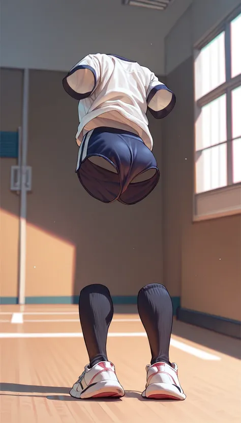 invisible,white gym clothes,Short sleeve,dark blue buruma,high socks,sneakers,Gymnasium