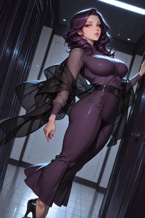 adult female, medium plus sized breasts, mature women, mature woman, 1girl, pink lips,, calm gaze purple eyes, white eyeliner, dark purple hair(Eminence shade), seamstress outfit(black shawl), medium plus sized breasts, toned body, medium length hair(middl...