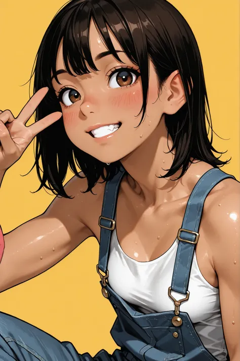 1girl,Super Detailed,absolute resolution,(dynamic angles),portrait,(pinup),(tanned skin:0.5),(tanlines:0.4),v sign,white tight tank top,denim overalls,Bare Foot,detailed and beautiful face and eyes,dark brown big eyes,(Bulbous Nose:0.3),Japanese girl,healt...