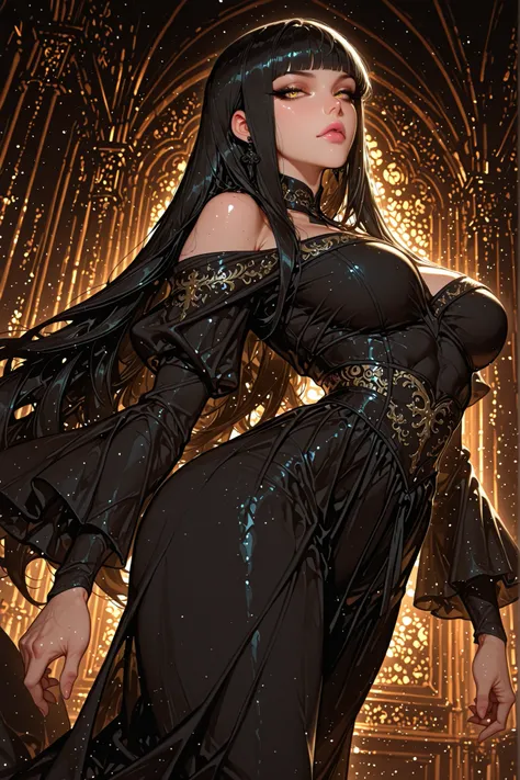 Young woman, adult female, medium plus sized breasts, slender figure, mature women, mature woman, 1girl, pink lips, calm gaze, golden eyes, black eyeliner, black hair(hime-cut), black earrings, medium plus sized breasts, toned body, very long hair, straigh...