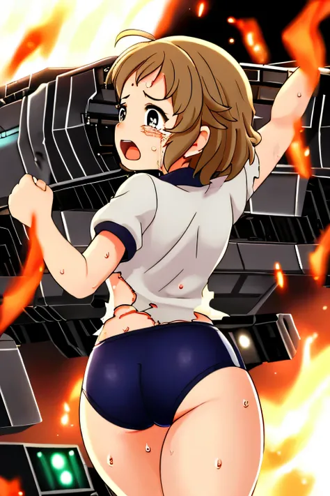 cockpit_explosion, fire, electricity, screaming, explosion, science fiction, wide-eyed, tearing clothes, standing, , scared, sweat, crying, mecha, torn clothes, tears, cockpit,1girl、wearing black gymnastics bloomers,high leg,white blouse,cowboy shot,self w...