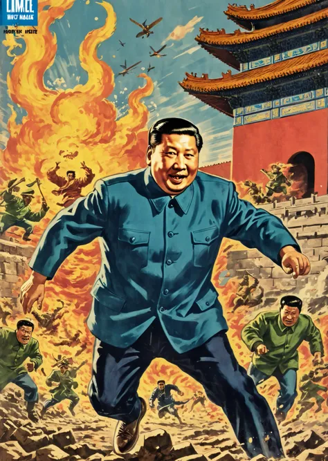 Vintage comic book cover illustration of cool ?????????? exiting manically over the Forbidden City with arsoning foreign peoples, frisk, vintage dirt, dirt of aging,