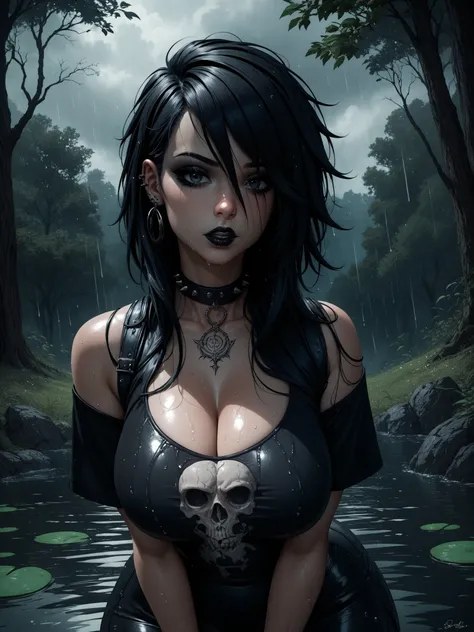 best quality, extreme detail, young woman stands alone in the middle of the forest, it is raining heavily, emo, goth girl, young woman poses sexy, (upper body bent forward), (bottom stretched out), black make-up, black lipstick, long black hair, hair stick...
