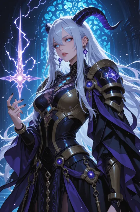 arkane_dark,magic,A regal demon sorceress with curled obsidian horns and piercing blue eyes, her long silver hair cascading over angular armored pauldrons with violet accents. She wears a deep-cut indigo and gold bodice with arcane crystal inlays, her fing...