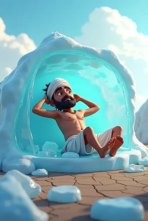 A tired Indian farmer relaxing inside a transparent ice house made of large ice cubes, lying on an ice bench with hands behind head, wearing only dhoti and turban, surrounded by melting ice cubes, bright sunny day, cracked dry earth outside, photorealistic...
