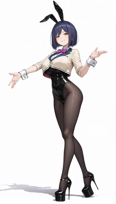 top quality, nijisanji, shizuka rin, sr1, huge breasts, wrist cuffs, black high leg leotard, dress, ((cropped blazer)), blue jacket, ((very long straight hair)), purple bowtie, yellow eyes, ((Smirk))