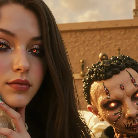 a close up of a beautiful young bride standing with a skeleton groom wearing a jeweled crown, both in elaborate Victorian/Gothic style wedding clothing, intricate lace, ultra-realistic, photo-realistic, cinematic, dark moody lighting, gothic cathedral back...