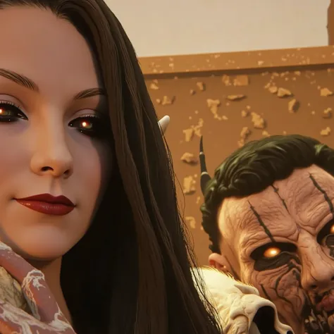 a close up of a beautiful young bride standing with a skeleton groom wearing a jeweled crown, both in elaborate Victorian/Gothic style wedding clothing, intricate lace, ultra-realistic, photo-realistic, cinematic, dark moody lighting, gothic cathedral back...