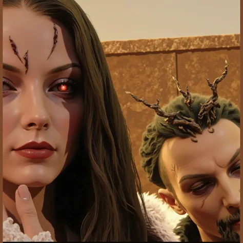 a close up of a beautiful young bride standing with a skeleton groom wearing a jeweled crown, both in elaborate Victorian/Gothic style wedding clothing, intricate lace, ultra-realistic, photo-realistic, cinematic, dark moody lighting, gothic cathedral back...
