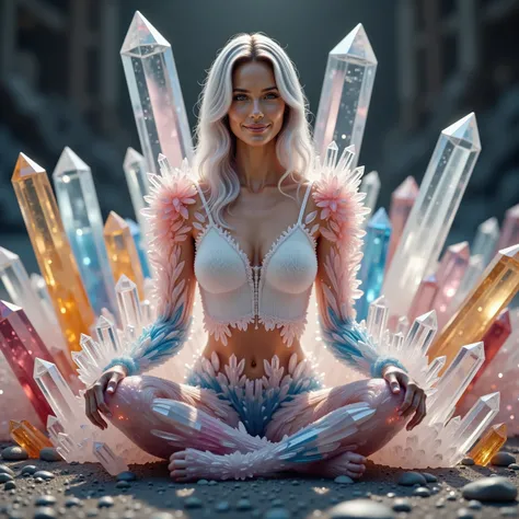 More crystals on more of her body, chest, legs, arms, and face. Ultra realistic, cinematography, ultra detailed, photo-realistic, 8K, highres, woman/quartz crystal fusion, a gorgeous pale skinned large busted woman sitting cross legged outdoors wearing a w...