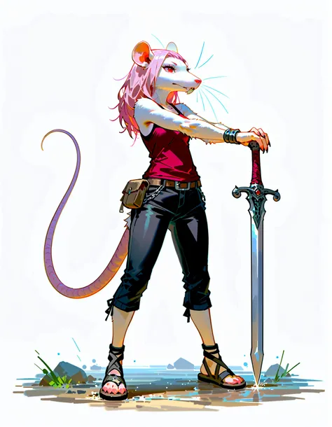 (((masterpiece))), (((Best Quality))), ((Ultra-detailed)), (anime Illustration), ((extremely delicate and beautiful)),solo, Full body, fantasy albino wererat girl, Fluffy Fur, furry, short pale pink hair, red eyes, rat head, rat ear, rat tail, ((ragged red...