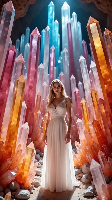 Ultra realistic, cinematography, ultra detailed, photo-realistic, 8K, highres, 1girl, gorgeous pale skinned woman wearing a long white dress standing in a cave with hundreds of crystals pointing at her from every direction, enormous 5-10 foot long dark bl...