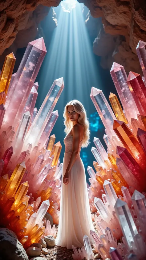 Ultra realistic, cinematography, ultra detailed, photo-realistic, 8K, highres, 1girl, gorgeous pale skinned woman wearing a long white dress standing in a cave with hundreds of crystals pointing at her from every direction, enormous 5-10  foot long dark bl...