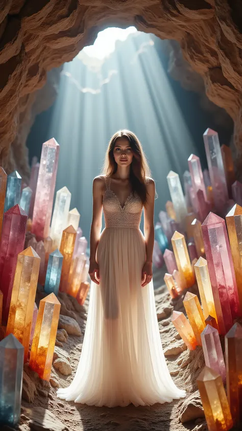 Ultra realistic, cinematography, ultra detailed, photo-realistic, 8K, highres, 1girl, gorgeous pale skinned woman wearing a long white dress standing in a cave with hundreds of crystals growing from the cave ceiling, walls and floor and pointing at her fro...