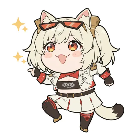 かわいいcatの, genba _cat,chibi, Pointing, standing on one leg, :3, Open Mouth, meme,  parody in hin, Simple Background, white background, full body, (Burnice White Main Outfit), 4K high definition, bright color彩, best quality, 4K, masterpiece, Ultra Fine, Stud...