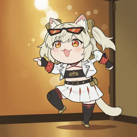 かわいいcatの, genba _cat,chibi, Pointing, standing on one leg, :3, Open Mouth, meme,  parody in hin, Accident scene,full body, (Burnice White Main Outfit), 4K high definition, bright color彩, best quality, 4K, masterpiece, Ultra Fine, Studio Lighting, ultra fin...
