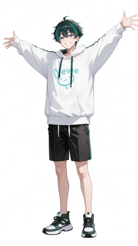 1 male、Full Body、spread arms、Dark green hair color、blue eyes、white hoodie、black shorts、front view、Smile Yan、sing