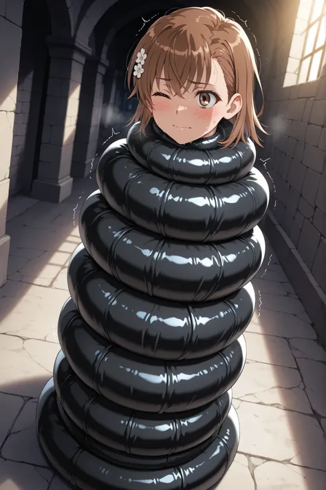,A Certain Scientific Railgun,mikoto misaka, short hair, brown hair, hair ornament, hair flower, brown eyes,

,The body below the neck is not visible, Black rubber tendril, large coiling, large coiling bondage,Coiling only around the body,Smooth material,
...