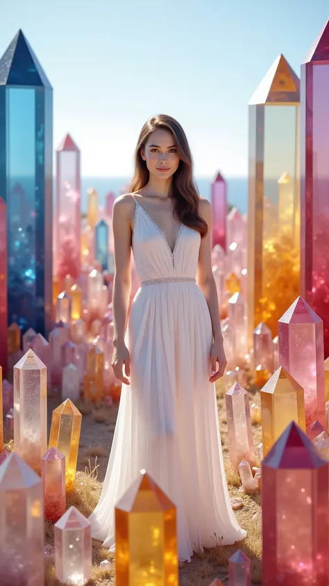 Ultra realistic, cinematography, ultra detailed, 8K, highres, 1girl, gorgeous pale skinned woman wearing a long white dress standing in an open field amongst thousands of crystals, enormous 12-20 foot tall dark blue, pink, red, orange, clear, and yellow t...