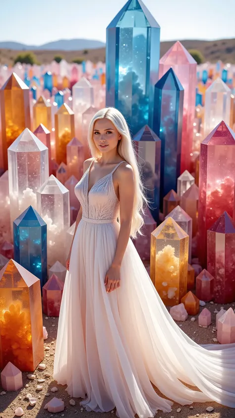 Ultra realistic, cinematography, ultra detailed, photo-realistic, 8K, highres, 1girl, gorgeous pale skinned woman wearing a long white dress standing in an open field amongst thousands of crystals, enormous 12-20 foot tall dark blue, pink, red, orange, cle...