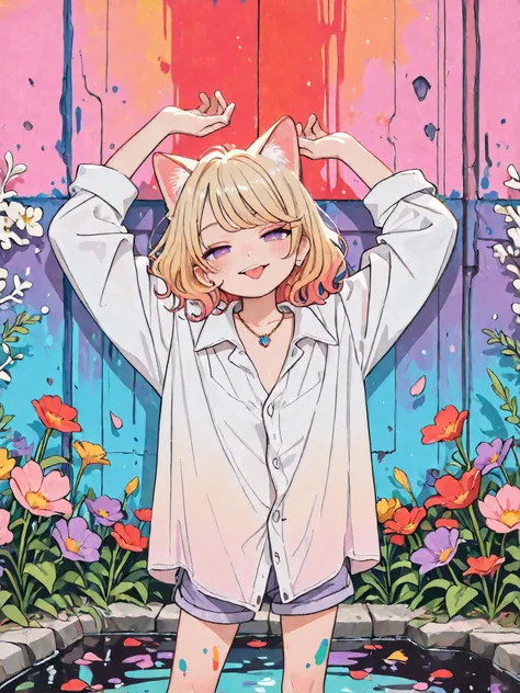 ((Masterpiece)), ((best quality, amazing quality)), (wide shot), ((very aesthetic, absurdres, newest, detailed background)), (Intense backlighting), ((1girl)), Cute young Girl, (Healthy Gaunt body, Textured skin, small breast, tilt head), unruly hair, (bea...