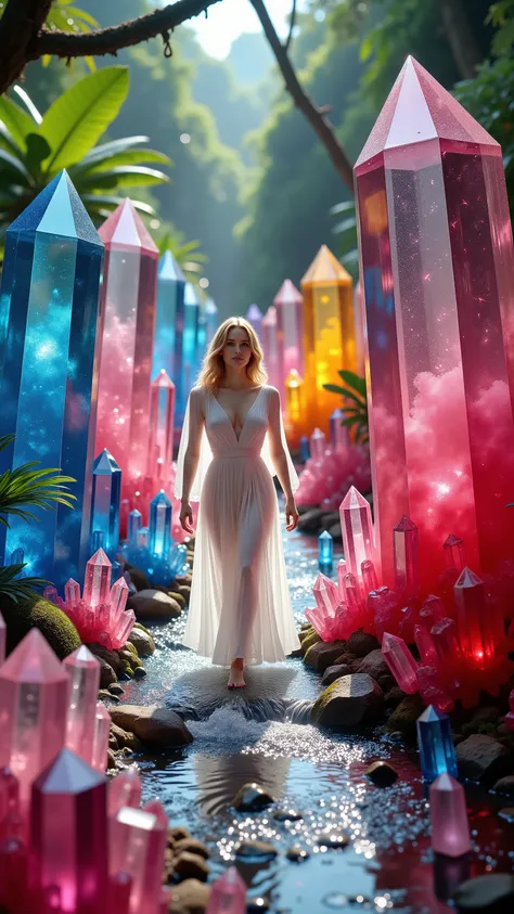 Ultra realistic, cinematography, ultra detailed, 8K, highres, 1girl, gorgeous pale skinned woman wearing a long white dress walking through a stream with enormous 12-20 foot tall dark blue, pink, red, and  yellow translucent, see-through quartz crystals, h...