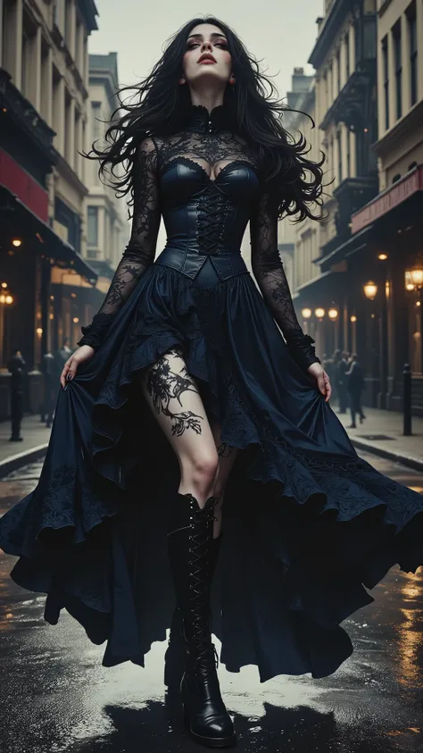A dark, dramatic, Gothic full-length portrait of a young woman. A Gothic priestess, with loose dark long hair that cascades around her, creating a sense of unearthly mystery. She is wearing a spectacular corseted navy blue dress with an intricate pattern,...