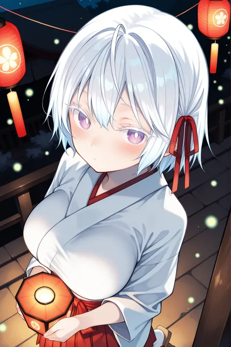 lantern-lit summer shrine, softly glowing paper lanterns, festival booths, night, warm ambient lighting, traditional architecture, fireflies, faint mist, looking side at viewer, dutch angle, upper body, from above, (solo, 1girl, purple eyes, yuki onna, whi...