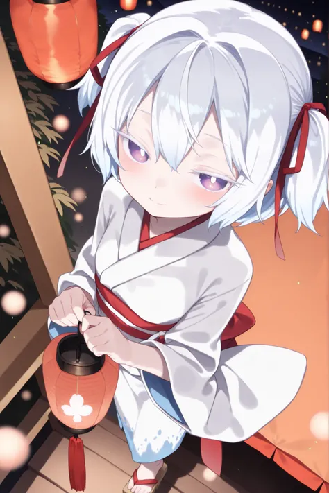 lantern-lit summer shrine, softly glowing paper lanterns, festival booths, night, warm ambient lighting, traditional architecture, fireflies, faint mist, dutch angle, from above, (solo, 1girl, purple eyes, yuki onna, white hair, short hair, two side up, ha...