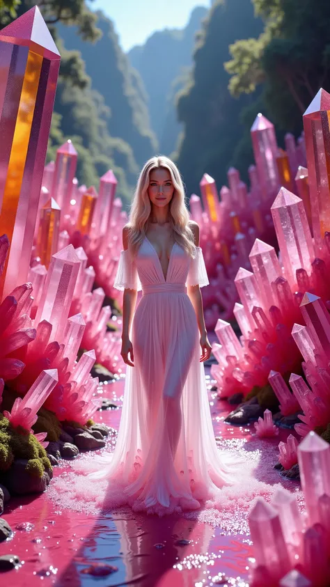 Ultra realistic, cinematography, ultra detailed, 8K, highres, 1girl, gorgeous pale skinned woman wearing a long white dress walking through a neon pink stream,direct eye contact, smiling, looking at the viewer, enormous 12-20 foot tall dark blue, pink, red...