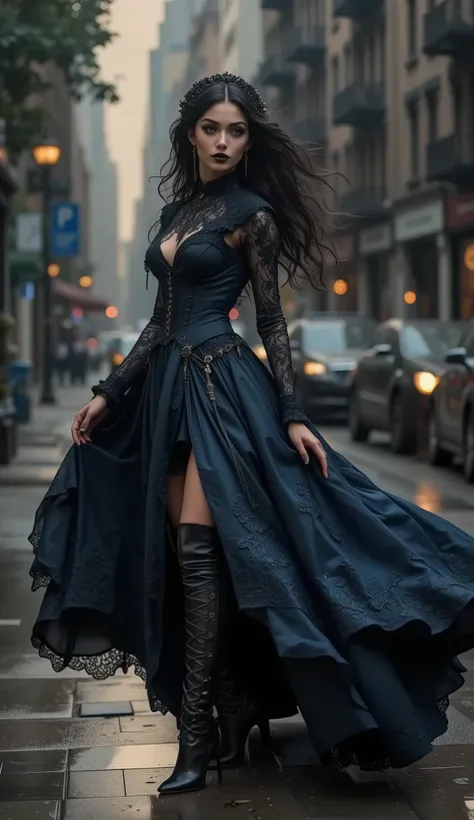 A dark, dramatic, Gothic full-length portrait of a young woman. A Gothic priestess, with loose dark long hair that cascades around her, creating a sense of unearthly mystery. She is wearing a spectacular corseted navy blue dress with an intricate pattern, ...