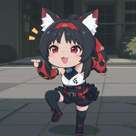 かわいいcatの, genba _cat,chibi, Pointing, standing on one leg, :3, Open Mouth, meme,  parody in hin, outdoor accident scene, full body, (Nekomiya Mana:1.5), cat耳 , red hair band , black hair , ponytail , Red Eyes , 4K high definition, bright color彩, best quali...