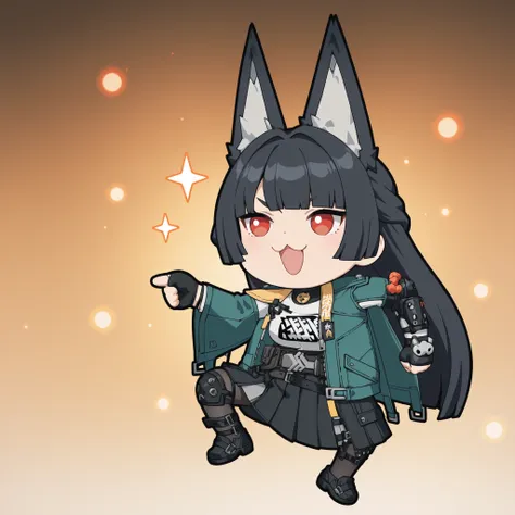 かわいいcatの, genba _cat,chibi, Pointing, standing on one leg, :3, Open Mouth, meme,  parody in hin, Simple Background, white background, full body, (Zenless Zone Zero, hoshimi miyabi, black hair , Bang , long hair ,Red Eyes , white eyes , Green Cape Jacket , ...