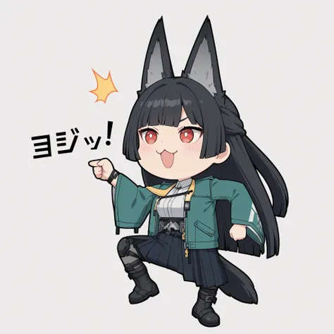 かわいいcatの, genba _cat,chibi, Pointing, standing on one leg, :3, Open Mouth, meme,  parody in hin, Simple Background, white background, full body, (hoshimi miyabi, black hair , Bang , long hair ,Red Eyes , white eyes , Green Cape Jacket , White Shirt ), 4K h...