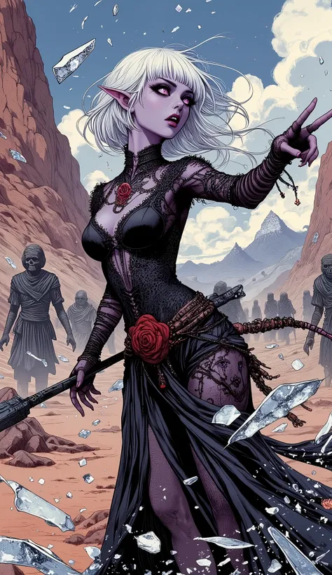 (A fusion of Ukiyo-e and dark fantasy. Aesthetic and gothic digital art. The illustration is drawn from a viewpoint looking up at a woman from a low position.) BREAK 
(White hair. Blunt bangs. White eyebrows. Long white eyelashes. Almond-shaped eyes. Laven...