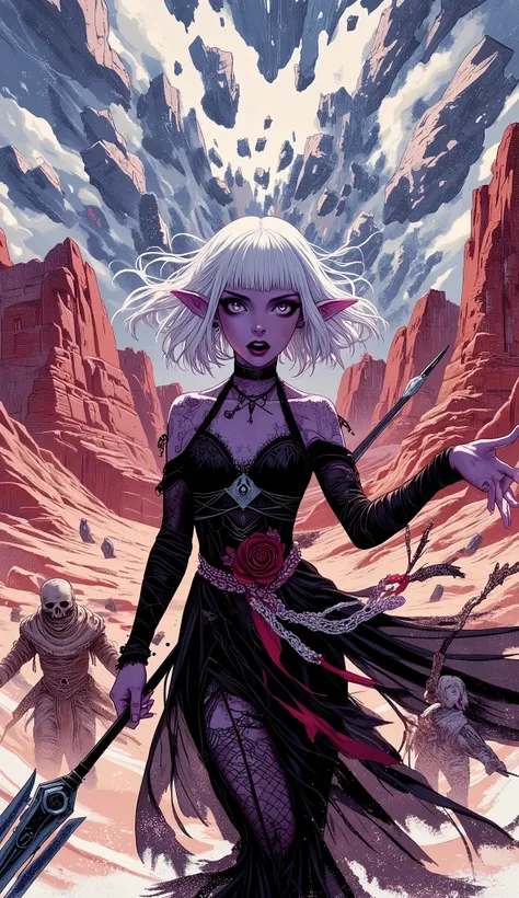 (A fusion of Ukiyo-e and dark fantasy. Aesthetic and gothic digital art. The illustration is drawn from a viewpoint looking up at a woman from a low position.) BREAK 
(White hair. Blunt bangs. White eyebrows. Long white eyelashes. Almond-shaped eyes. Laven...
