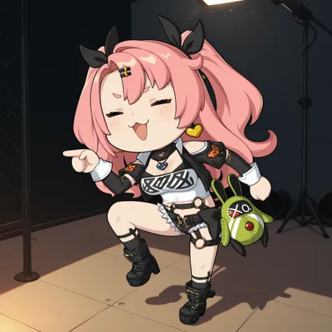 かわいいcatの, genba _cat,chibi, Pointing, standing on one leg, :3, Open Mouth, meme,  parody in hin, Simple Background, white background, full body, (Nicole Demara, pink hair with long n sleeves, Detached Sleeves, micro shorts), 4K high definition, bright colo...